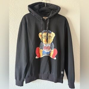 Gianni Lupo Bad Attitude Teddy Bear Black Hoodie Sweatshirt Size L Pullover EUC